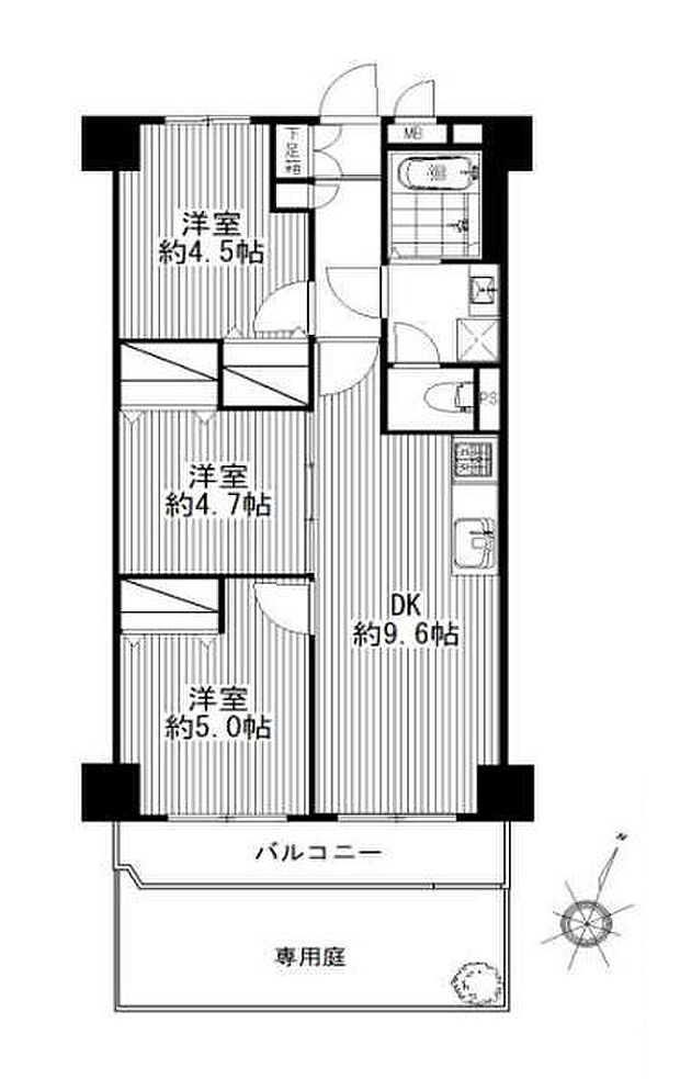 京王向ヶ丘マンション(3DK) 1階の間取り図