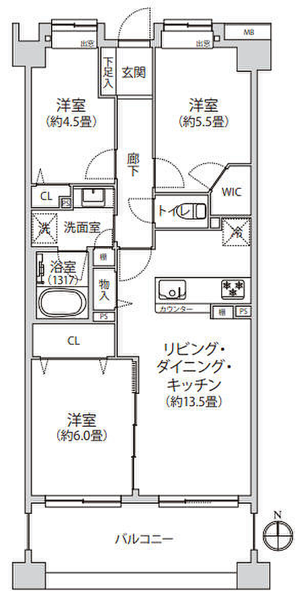 コスモ青葉台コートフォルム(3LDK) 5階の間取り図