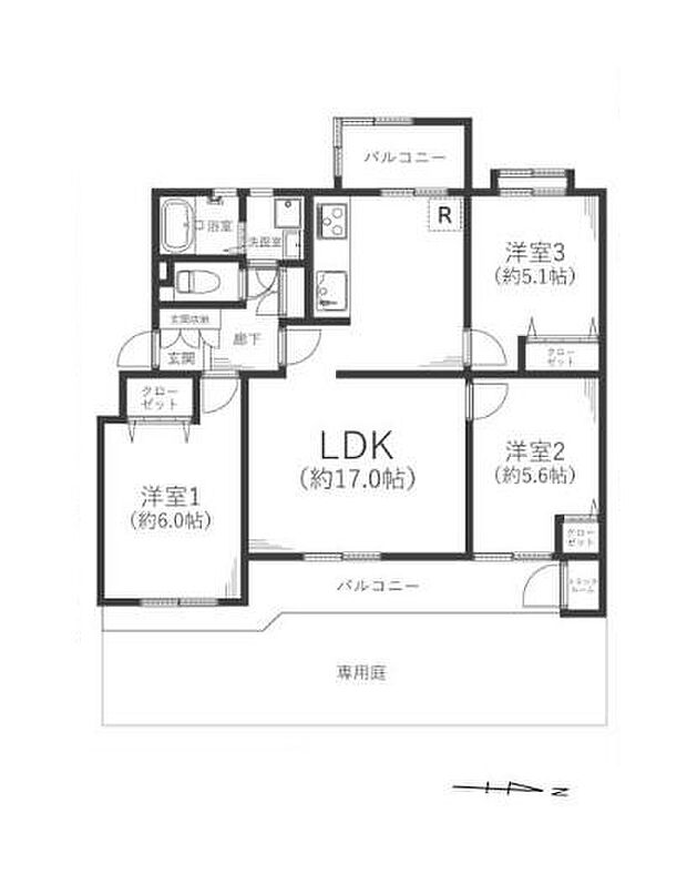 宮前平グリーンハイツ15号棟(3LDK) 1階の間取り図