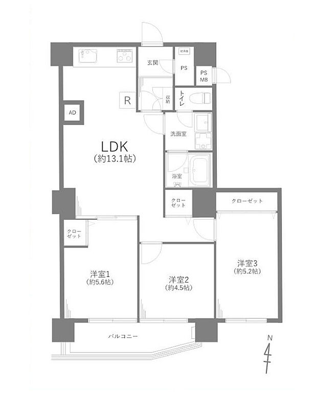 日商岩井第2方南町マンション(3LDK) 4階の間取り図