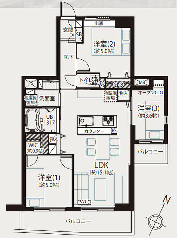 クリオ神奈川新町弐番館(3LDK) 11階の間取り図