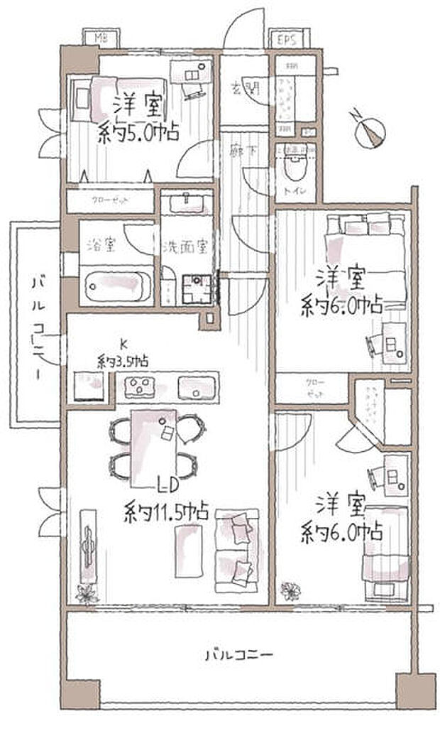 グランシティユーロコートあざみ野(3LDK) 7階の間取り図