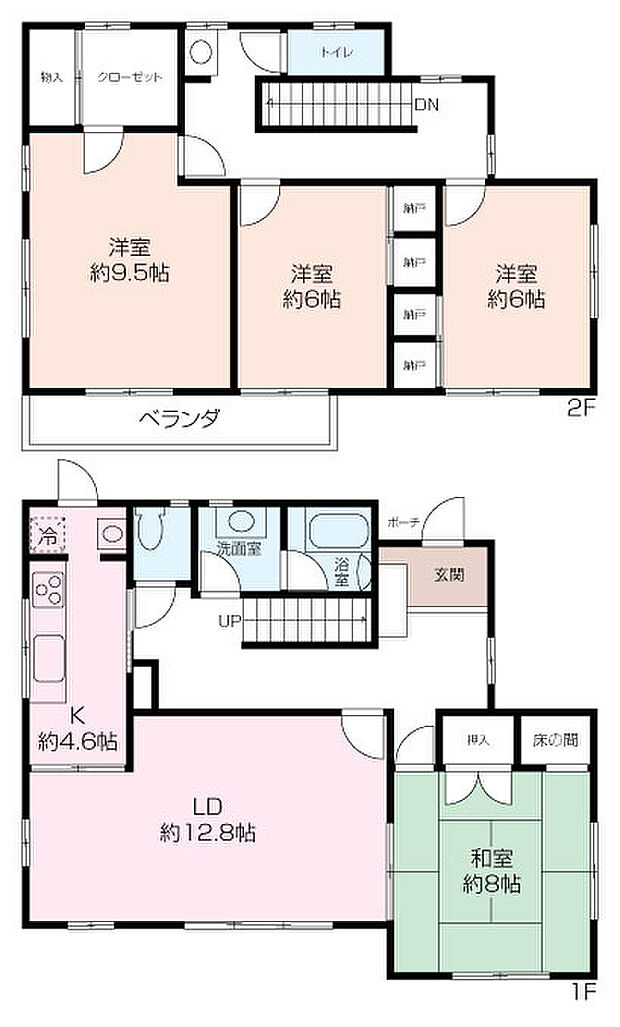 1階LDK17．4帖・和室8．0帖　2階寝室9．5帖　洋室6．0帖×2部屋　125．03？（37．82坪）4LDK　　