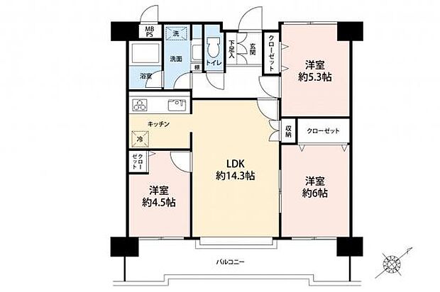 東建ニューハイツ入間II(3LDK) 6階の間取り図