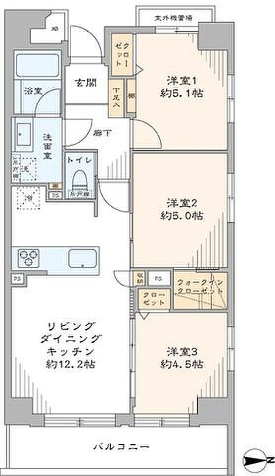 3方角部屋のため陽当たり良好なお部屋です。廊下面積を減らし、居住空間を有効活用した間取りです。