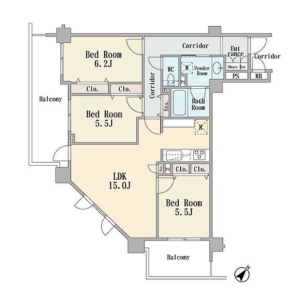 最上階の南西角部屋です　2面バルコニー　独立キッチン　ＬＤＫ15帖　3ＬＤＫ　平成19年7月築　オートロック　宅配ボックス