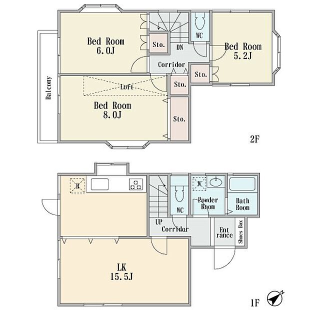 ロフトの有る2階建て　全室フローリングの3ＬＤＫ　お庭有り　ＬＤＫ15．5帖　主寝室8帖　平成10年11月築　現況空家