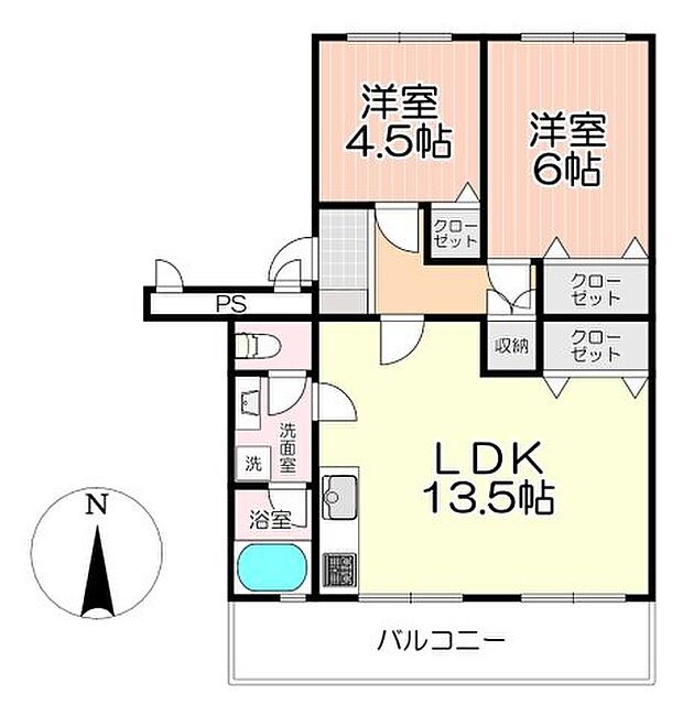 LDK13.5帖、全居室収納スペースあり、南側から明るい日差しが差し込む穏やかな1階部分のお部屋です。