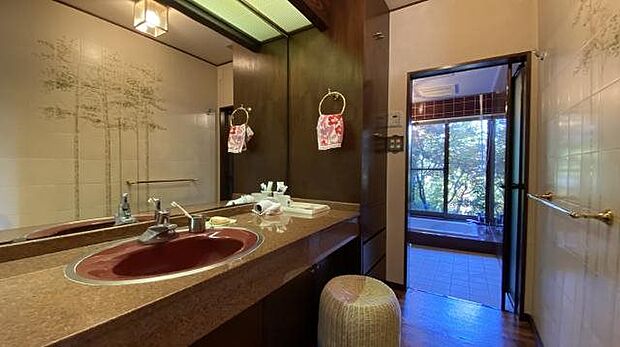 洗面室：大きな鏡が設置されている余裕のある造りです。