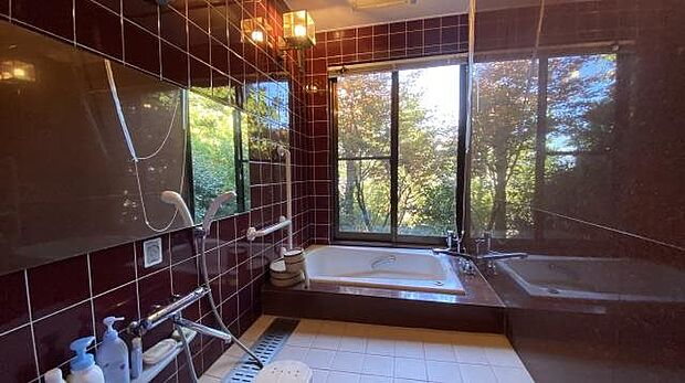 浴室：ゆったりとした洗い場、浴槽からは緑を望みます。