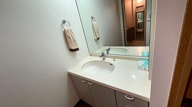 シンプルで使いやすい洗面台。大きな鏡が特徴です。