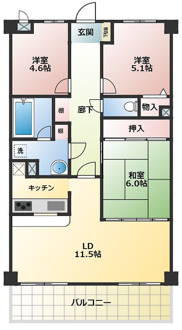 ライオンズマンション津田沼第6(3LDK) 3階の間取り図