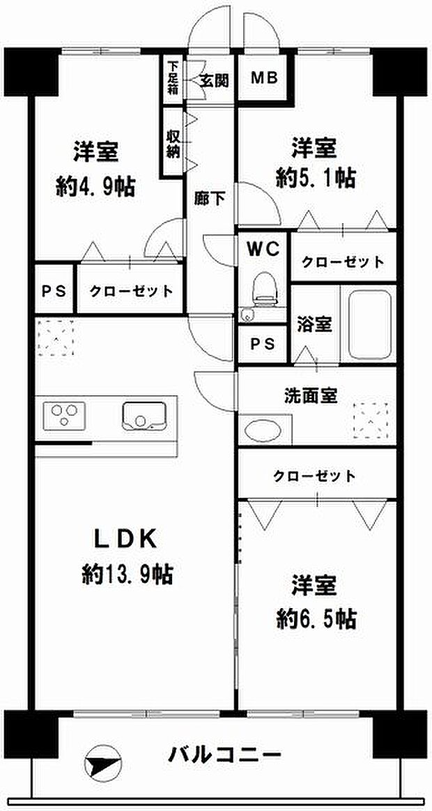ノバカネイチ阿波座(3LDK) 7階の間取り図