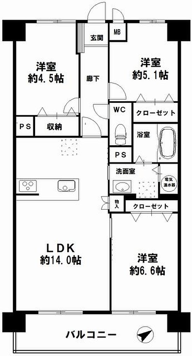 ノバカネイチ阿波座(3LDK) 3階の間取り図