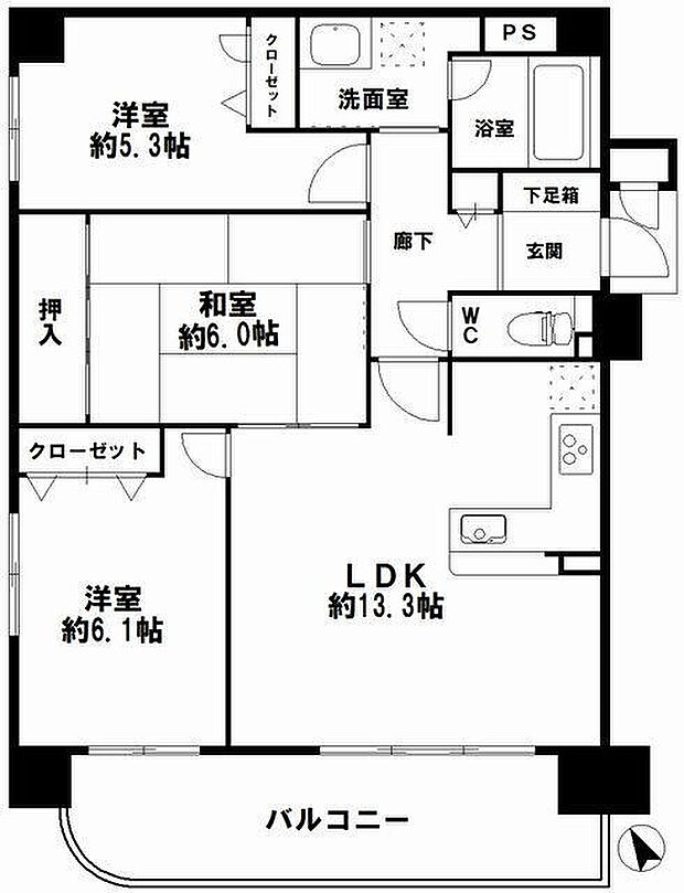ユニライフ大阪ドーム前(3LDK) 3階の間取り図