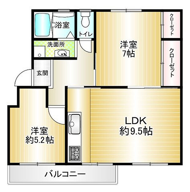 竹山団地1608号棟(2LDK) 3階の間取り図