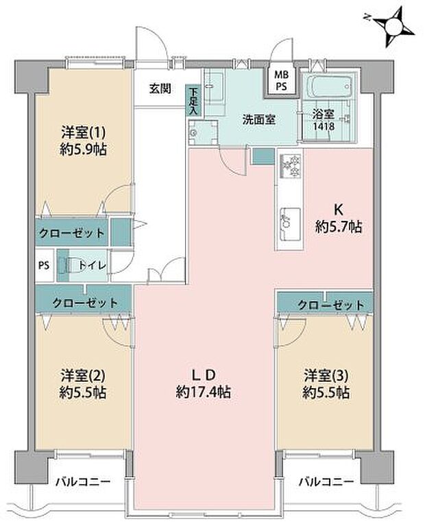 ライオンズマンション相模台第6(3LDK) 4階の間取り図