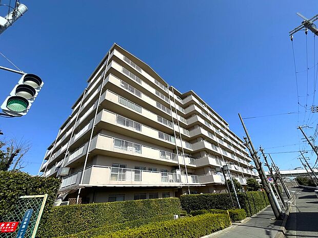竣工は1987年3月。阪神なんば線出来島駅から徒歩6分の場所に立地している中規模マンションです。周囲には低層住宅などが多く、前面道路の幅も広いため、ゆったりとした印象です。