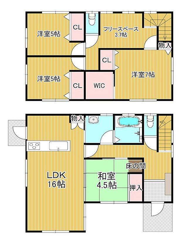 1階には中庭の見えるLDKと和室があり、2階には家族で共有できる広いフリースペースのある多彩な間取り