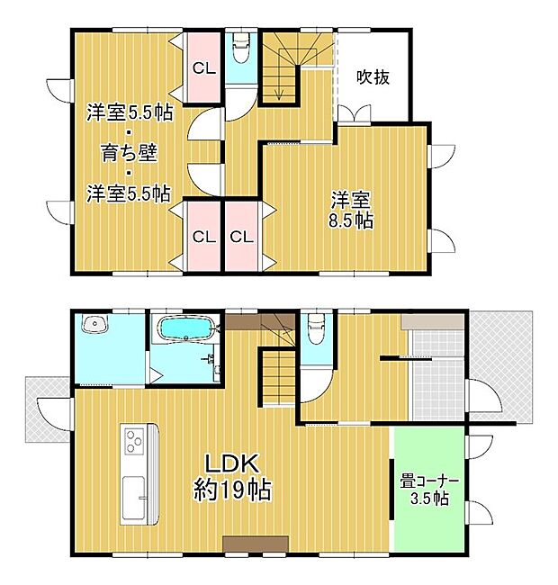 2階には2部屋にも分けられる2階の洋室があり家族の成長に合わせて変更できる間取りです