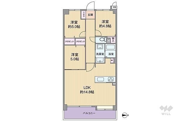 間取りは専有面積66平米の3LDK。全個室洋室仕様・横長リビングのプラン。LDKと洋室5.0帖は間の引き戸を開放して繋げて使うことも出来ます。バルコニー面積は9.00平米です。