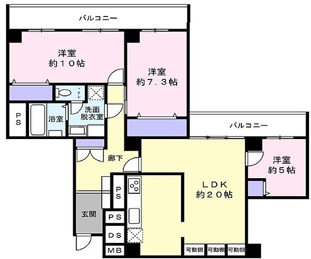 与野ハウス2号棟(3LDK) 6階の間取り図