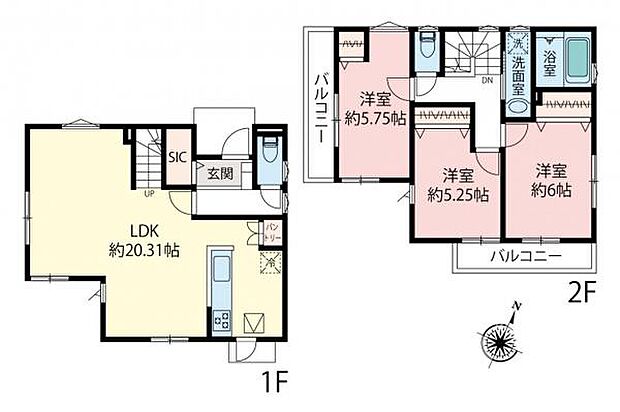 間取り図／全室にバルコニー1階はワンフロアがLDK＆リビングイン階段で家族のコミュニケーションも取りやすいです