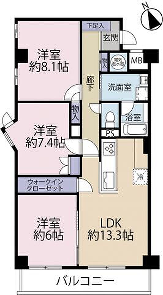 マンション市川ガーデニア(3LDK) 1階の間取り図