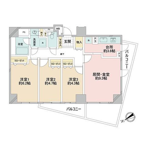 松戸シティハウス(3LDK) 9階の間取り図