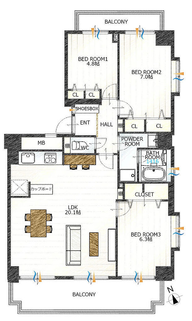 角住戸、三面採光のお部屋です