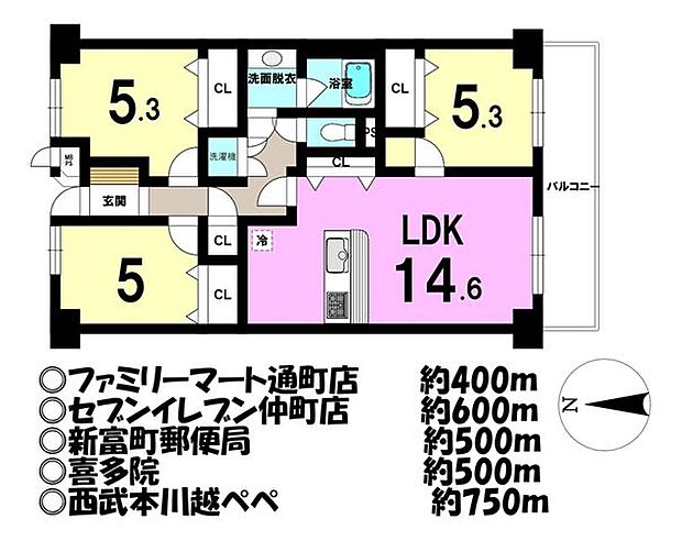 藤和川越コープ(3LDK) 5階の間取り図