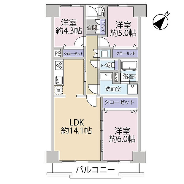 サニーハウス読売ランド(3LDK) 5階の内観
