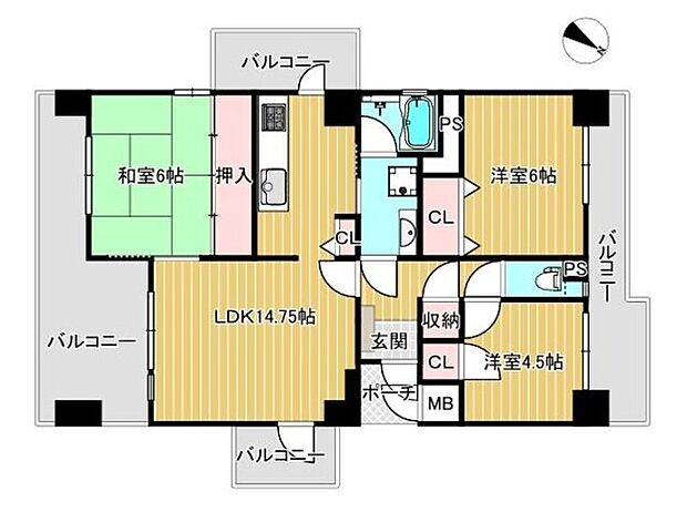 ローレルスクエア木津川台第1期4番館(3LDK) 2階の間取り図