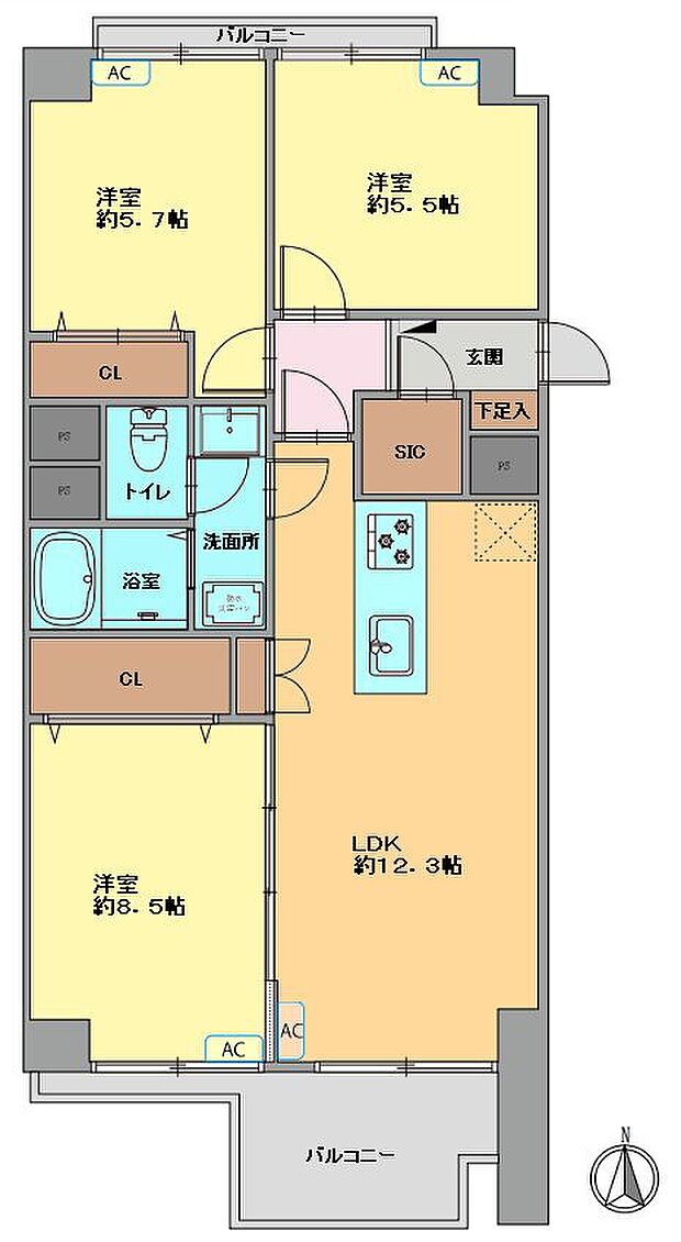 ■3階部分の南向き住戸で陽当たり良好  ■専有面積：63．41平米の3ＬＤＫ