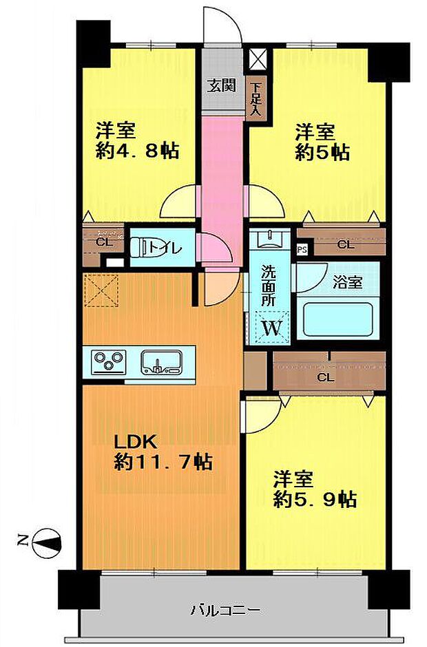 ■6階建て2階部分の西向き住戸  ■専有面積：60．03平米の3ＬＤＫ