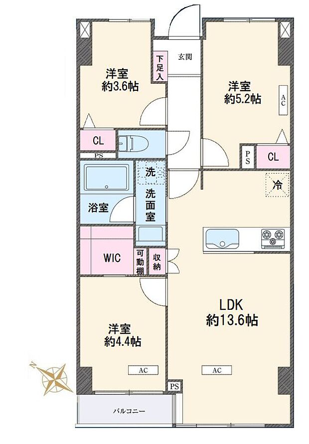 ゼファー川口芝西公園(3LDK) 4階の間取り図