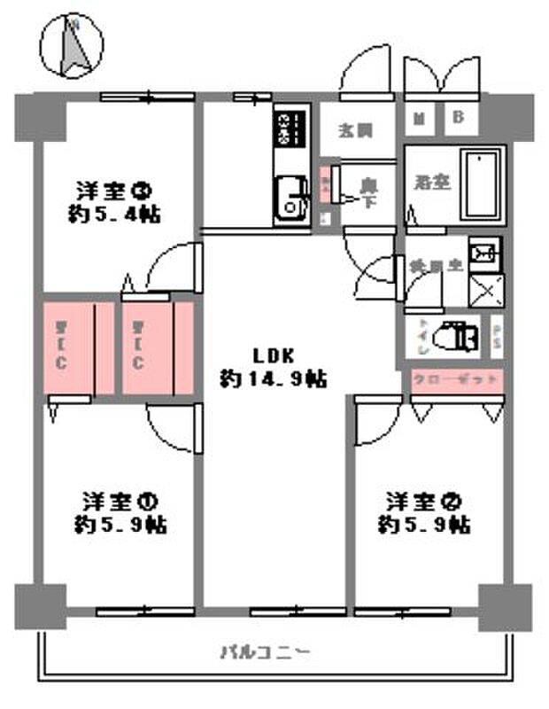 八戸の里サニーハイツ(3LDK) 8階の間取り図