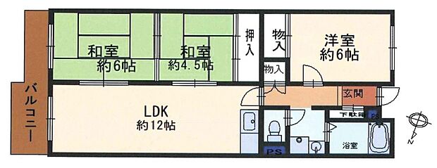 八戸ノ里第二ガーデンハイツ(3LDK) 6階/607の間取り図