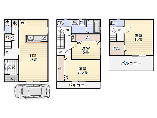 【間取図】2014年3月築、木造3階建「3LDK+WIC」。約17帖の開放感のあるLDKは、ご家族との会話が弾む対面式キッチンが採用されています。1台分のカースペース有り(車種による)。