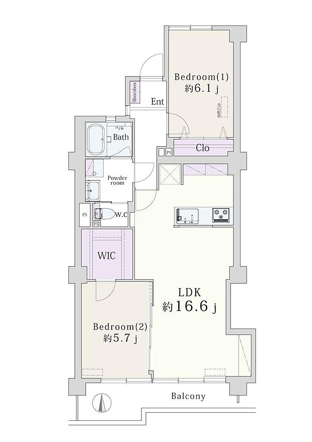 2LDK+WIC、専有面積65.51平米、バルコニー面積7.27平米、5階南向き｜弊社設計士により内装・設備などをリノベーションいたしました。（2024年3月上旬完成）