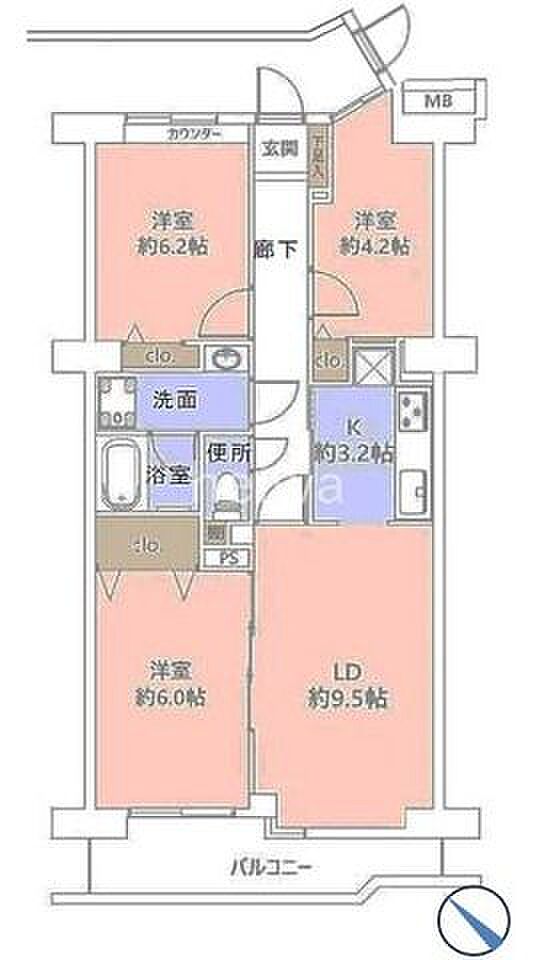 エクセル北浦和Ａ棟(3LDK) 7階の間取り図
