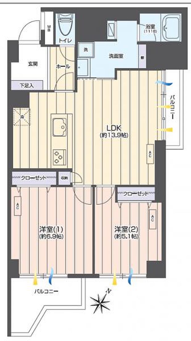 パロス大倉山(2LDK) 5階の間取り図