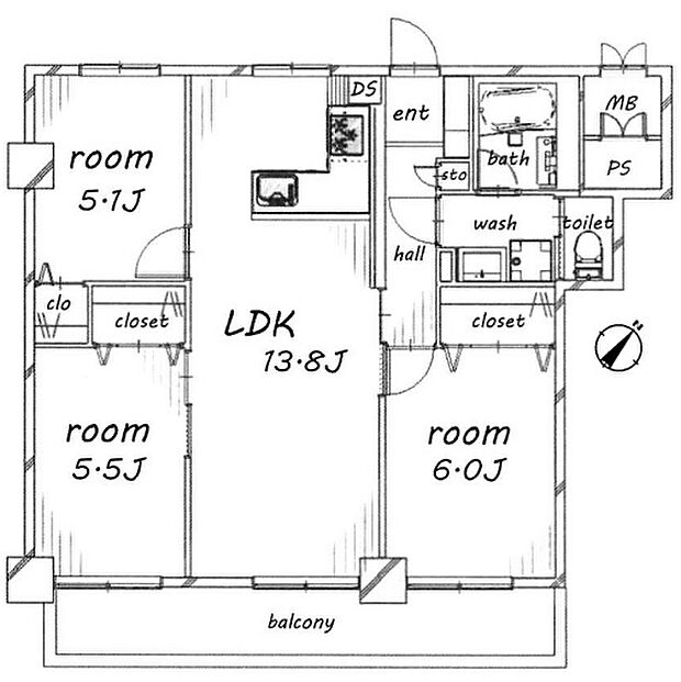 下前マンション(3LDK) 1階の間取り図