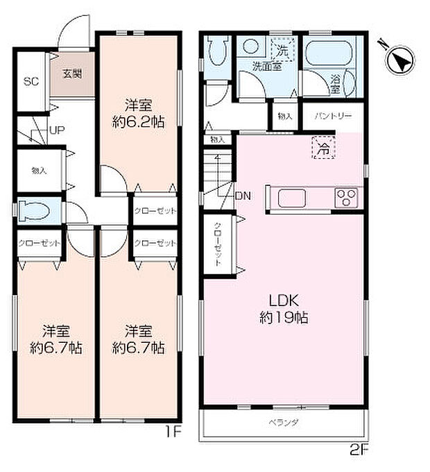 2階リビング、全居室6帖以上と広々とした空間となっております。