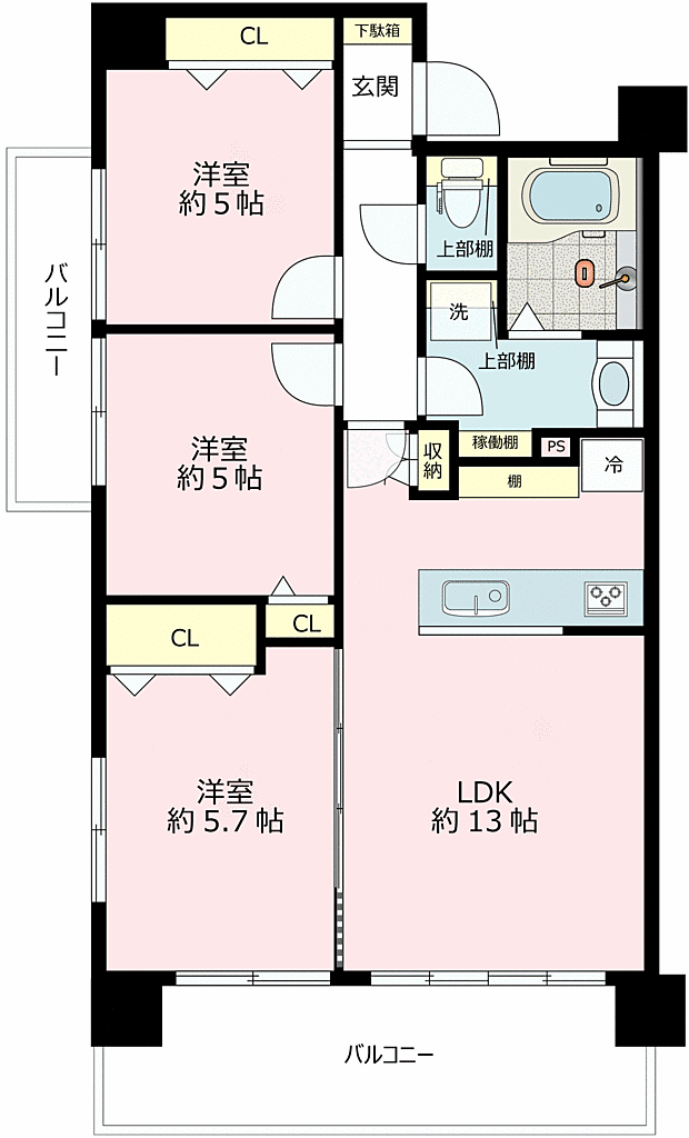 グランイーグル横濱鶴見III(3LDK) 2階/201号室の間取り図
