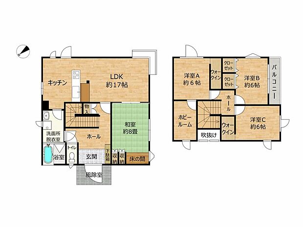 【リフォーム後間取図】4LDKの2階建て。1階は約17帖LDK、約8畳和室、2階は約6帖洋室と書斎、約6帖洋室が2部屋です。各居収納付きで便利な間取りです。水回り品交換など全室リフォーム済です。