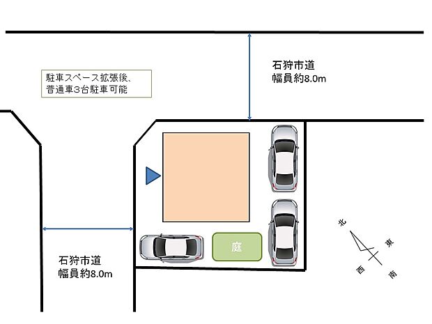 【敷地配置図】駐車場拡張工事を行い、普通車3台駐車可能です。お車が多い方も安心ですね。駐車スペースはアスファルト舗装を行いました。