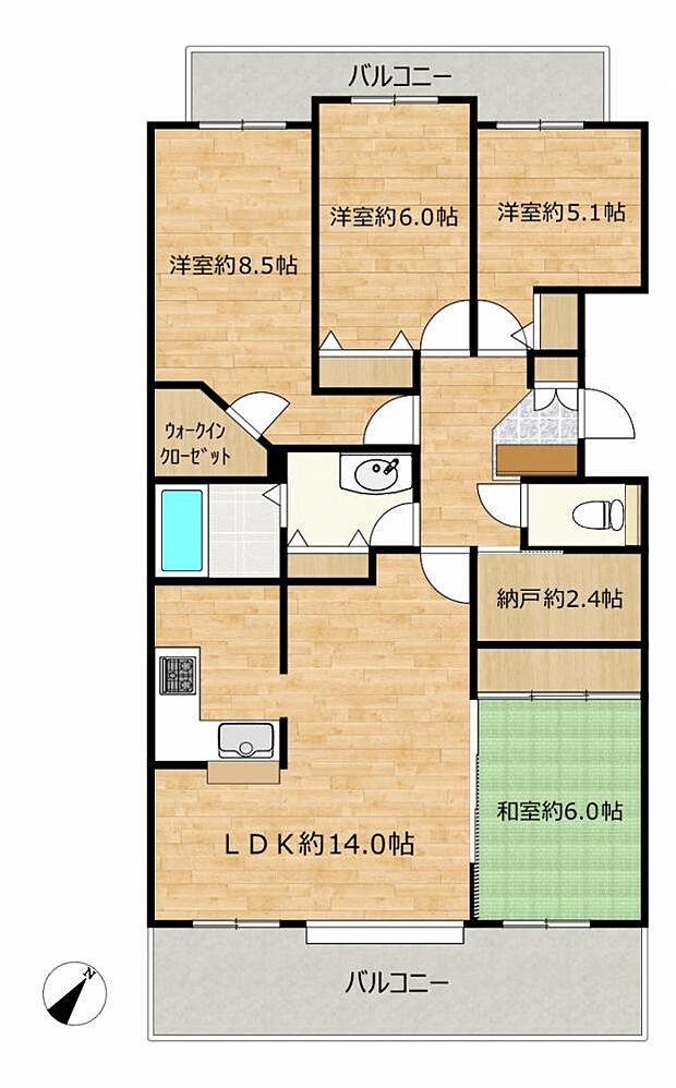 【間取図】4LDKで98.14平米のマンションです。全部屋自然採光・収納付きなので日当たりが良く収納力もあります。