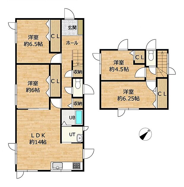 【リフォーム後＿間取図】1階洋室2部屋、2階洋室2部屋の4LDK住宅。各居室には収納付きなので部屋を広く使えます。