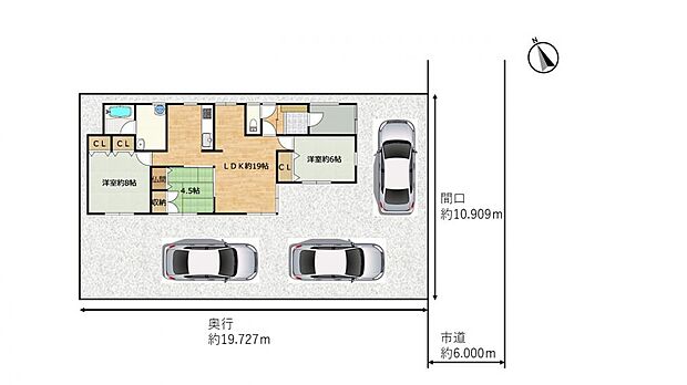 【敷地内配置図】住宅横と玄関前で計3台駐車可能です。